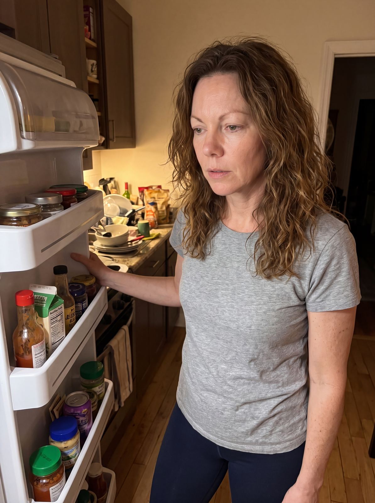 Woman looking at fridge, overwhelmed by meal planning
